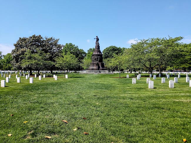 View from the ground at Arlington National Cemetery of the beautiful Confederate Memorial to the reconciliation of North and South. The Woke naming commission and Secretary Austin want it demolished in the cheapest way possible. Photo courtesy Derrick Johnson.